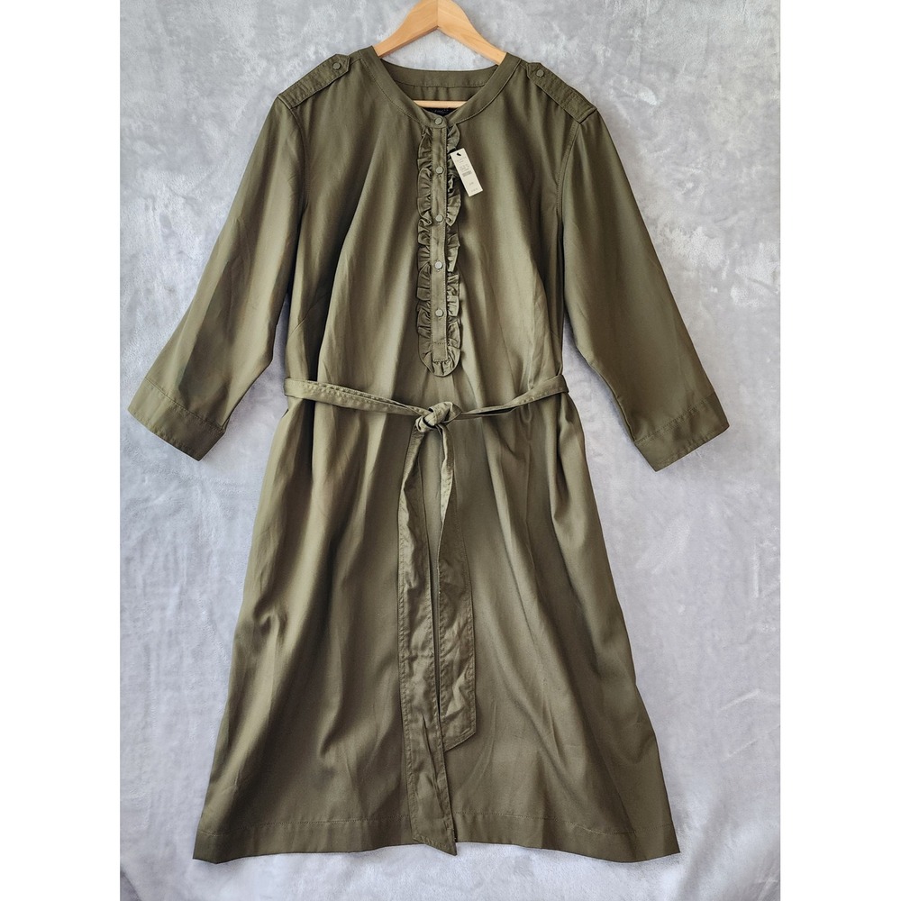 Talbots Dress Womens Size 20W Ruffle Front Tie Belt Olive Green Epaulette NWT